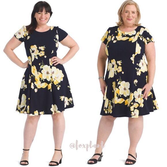 NEW Jessica Howard Navy and Yellow Floral‎ Fit-And-Flare Dress, 22W - Picture 1 of 16